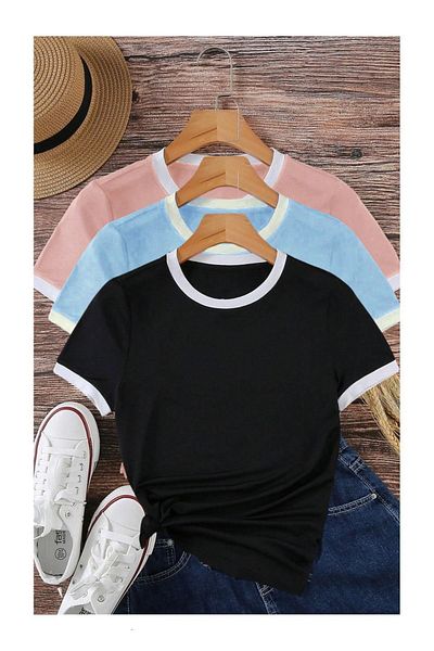 Know Unisex 3 Pack Χτενισμένο βαμβακερό μπλουζάκι Interlock Ροζ BabyBlue Μαύρο