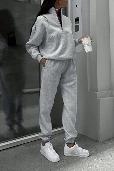 Know Gray Stand Collar ZippEr DEtailEd WomEn's Tracksuit SEt