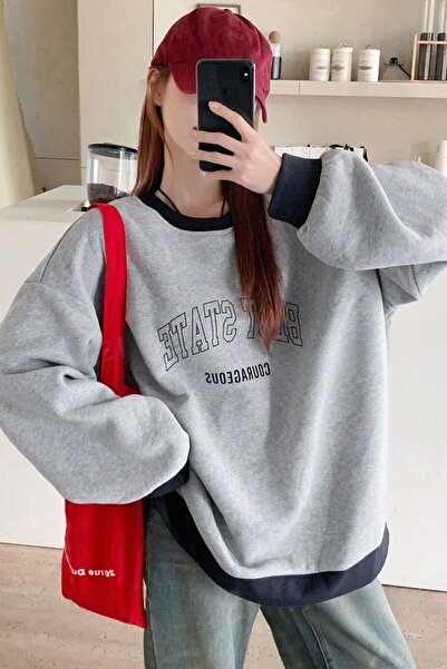 Know Nejlepší státní tištěná – šedá oversize dámská mikina Crew Neck Neck