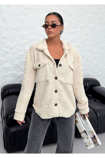 Know Beigefarbene Tedy-Plüschjacke mit Knöpfen für Damen
