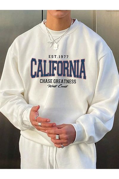 Know Weißes California Chase Greatness bedrucktes – übergroßes Herren-Sweatshirt mit Rundhalsausschnitt