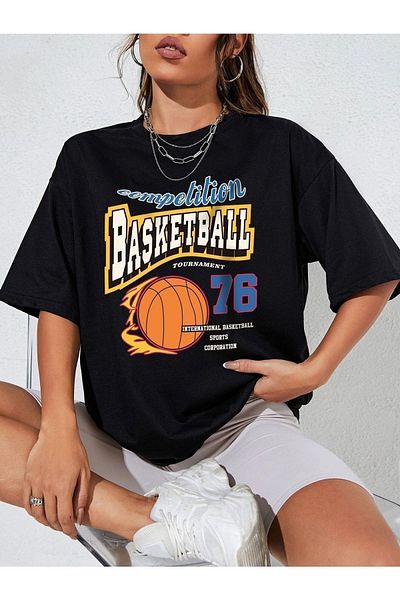 Know Tricou oversize imprimat turneu de baschet negru pentru femei