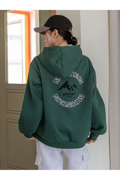 Know Women's 3 Thread Dark Green Mountain Glacier Printed Hooded Sweatshirt