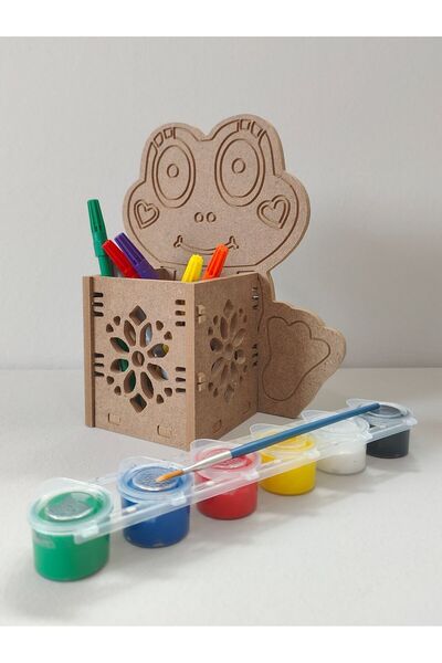 şimşek hobi tasarım Ahşap Kurbağa Tasarımlı Kalemlik / Boyama Seti Ve Fırça