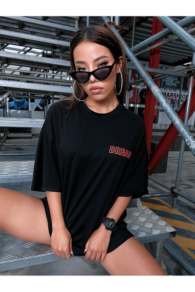 Know Tricou negru oversize cu imprimeu Dream pentru damă