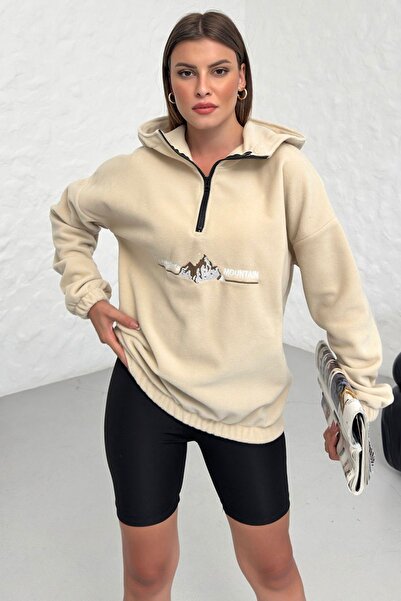 Know Beigefarbenes Fleece-Sweatshirt für Damen – Climbing Mountain-Aufdruck, übergroßer halber Reißverschluss, Kapuze
