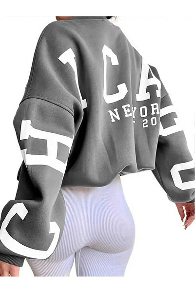 Know Damen-Sweatshirt mit 3 Fäden, geräucherten Ärmeln, Chicago-Aufdruck, Oversize-Rundhalsausschnitt