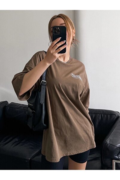 Know Dámské hnědé oversize tričko s časově omezeným potiskem