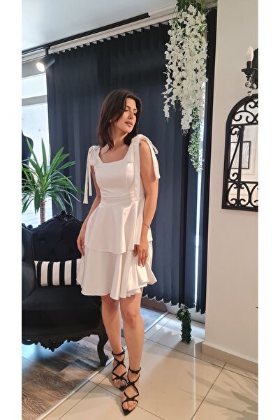 makbuleofficial Ekrubeyaz Saten Kare Yaka ,Kolsuz,Omuzları Fiyonklu Söz Nişan Mezuniyet Elbisesi