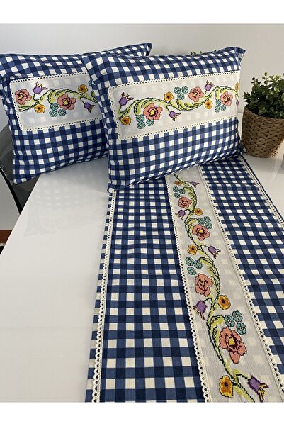 NESLİHAN HOBİ ATÖLYESİ Gerçek Kanaviçe Işlemeli 45x110 Runner Ve 35x50 Cm 2 K...