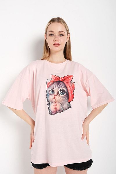 Know Γυναικείο μπλουζάκι σε σκόνη Pink Cat Printed Oversize