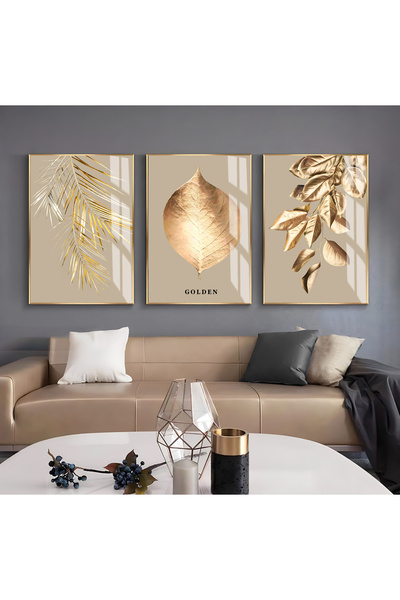 Harikabirev HARİKABİREV | COMBINAT DE FRUNZE DE AUR ABSTRACT DE CULOARE CREM-AURIE | TABLO DE STICLA CU CADRU 3 PIESE VERTICAL