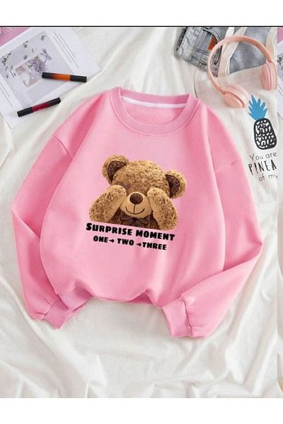 Know Γυναικείο φούτερ με 3 κλωστές ροζ Shy Bear με στάμπα με λαιμόκοψη