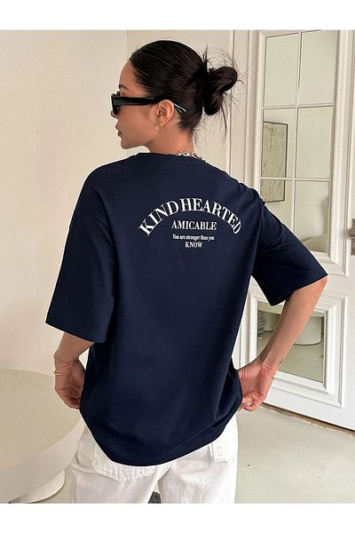 Know Women's Navy Blue Kind Hearted Printed Oversize T-shirt