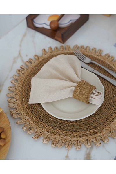 KaiHome 4 Pieces of Straw Rings Napkin and 4 Pieces of 100% Linen Fabric Napkin