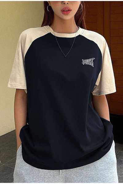 Know Best Time Printed Navy Beige Oversize Women's T-Shirt