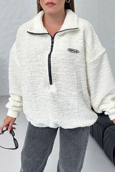 Know Women's 3 Thread Ecru Fulfilling Life Printed Oversize Half Zip Soft Textured Plush Sweatshirt