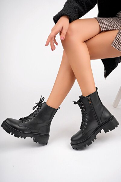 meyra'nın ayakkabıları Μαύρα Γυναικεία Μποτάκια - Δερμάτινα με φερμουάρ και κορδόνια