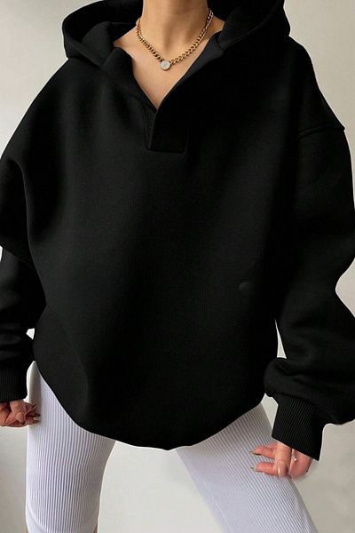 Know Women's 3 Thread Black Relax Collar Detail Oversize Hooded Sweatshirt