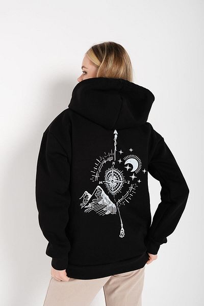 Know Women's Black Oversize Compass Back Printed Cardigan Sweatshirt