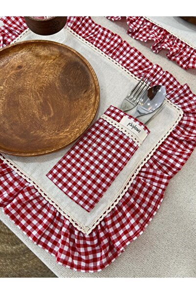 KaiHome 4-Piece Raw Linen Service - American Supla with Pockets and Checkered Ruffle Detail