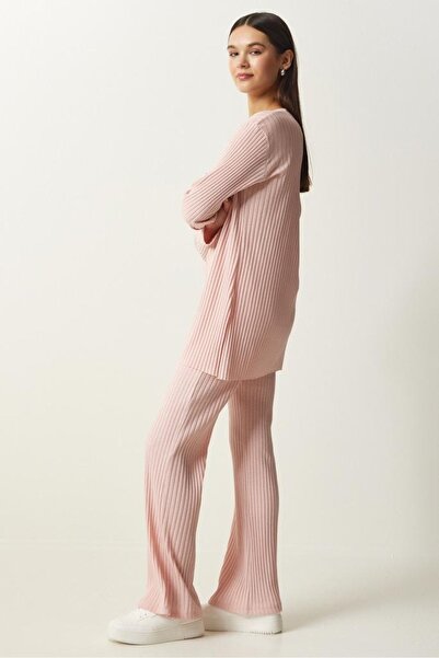 Know Női púder rózsaszín zsinóros kötött blúz nadrág szett