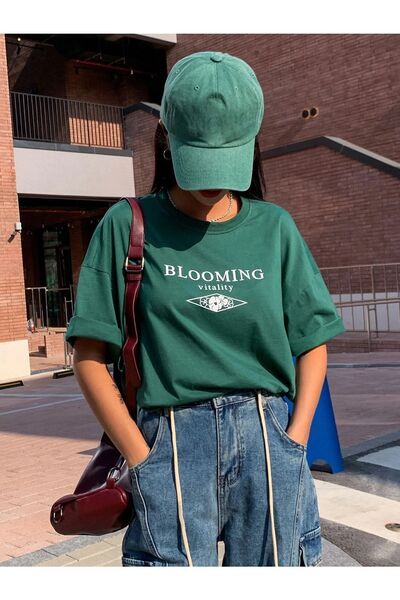 Know Blooming Vitality Printed Naphti Green Oversize T-Shirt