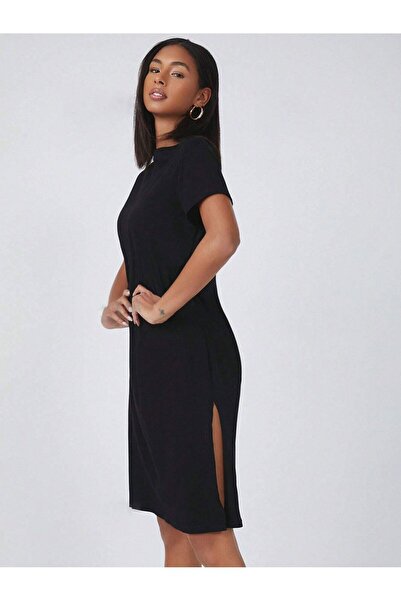 Know Women's Black 100% Cotton Slit Basic Dress