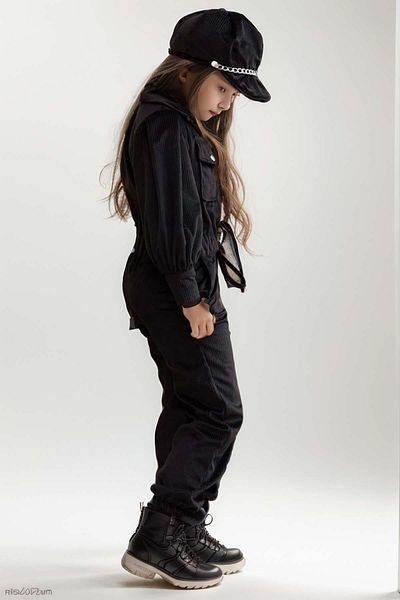 Riccotarz Girl's Black Velvet Jumpsuit - Shirt Collar, Snap Button Detail and Elastic Waistband
