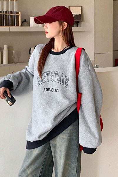 Know Nejlepší státní tištěná – šedá oversize dámská mikina Crew Neck Neck