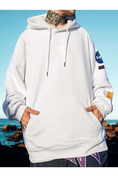 Know 3 Thread Unisex White Nasa Logo Printed Oversize Sweatshirt