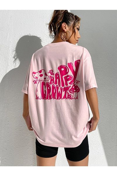 Know Γυναικείο μπλουζάκι σε σκόνη Pink Happy Crowt με στάμπα Oversize