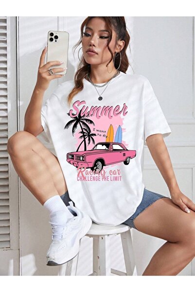 Know Women's White Summer Racing Car Printed Oversize T-shirt