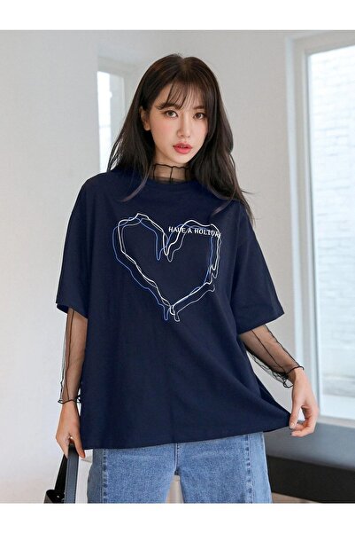 Know Női csíkos figura szív sötétkék póló Nyomtatott ünnep