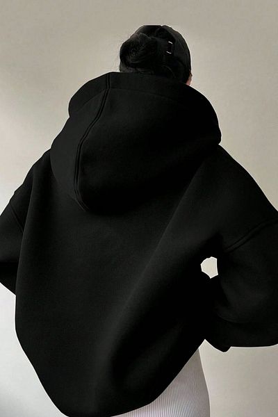 Know Women's 3 Thread Black Relax Collar Detail Oversize Hooded Sweatshirt