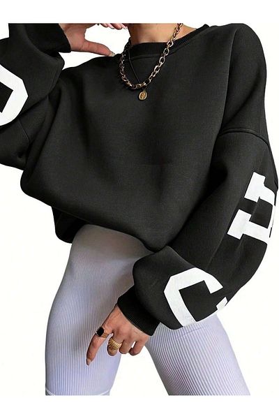 Know Damen-Sweatshirt mit 3 Fäden, schwarzen Ärmeln, Chicago-Aufdruck, Oversize-Rundhalsausschnitt