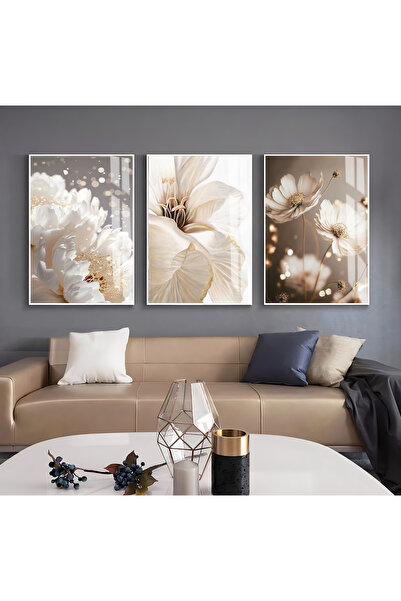 Harika bir ev HARİKABİREV|KREM-GOLD RENK SOFT ÇİÇEK VE SOYUT KOMBİN 2 |ÇERÇEV...