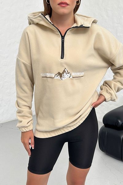 Know Béžová dámská fleecová mikina – potisk Climbing Mountain, oversize poloviční zip, kapuce