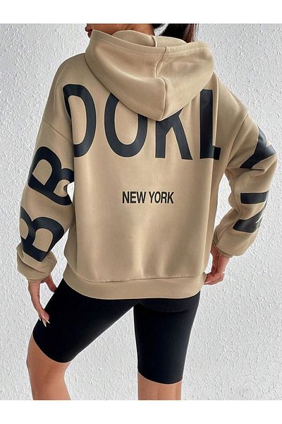 Know Damska bluza z kapturem typu oversize z rękawami taupe i nadrukiem Brooklyn New York