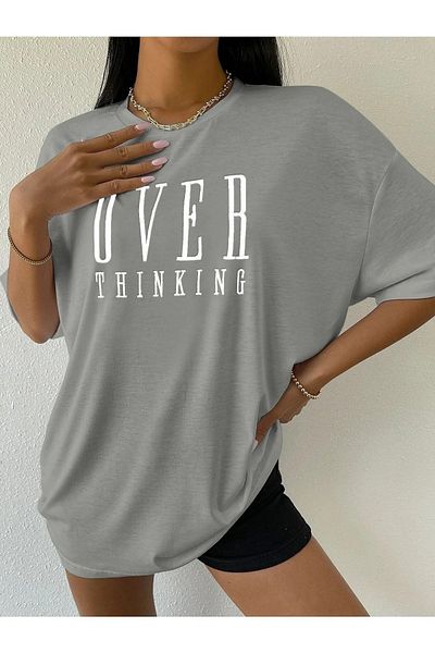 Know Dámské barvené šedé oversize tričko s potiskem