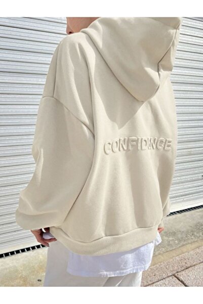 Know Women's 3 Thread Beige Confidence Printed Hooded Sweatshirt