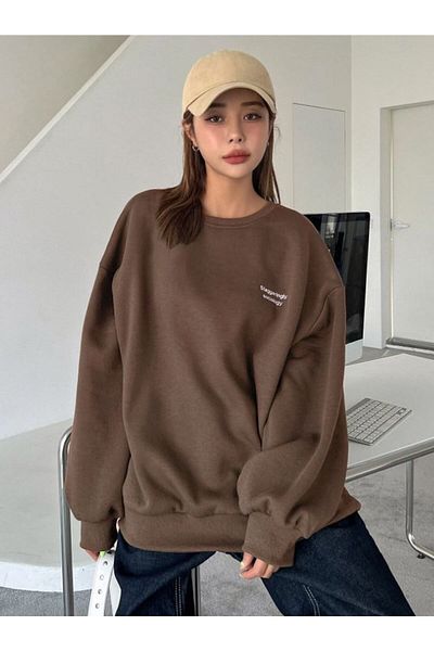 Know Women's 3 Thread Coffee Staggertly Bedrucktes Sweatshirt mit Rundhalsausschnitt