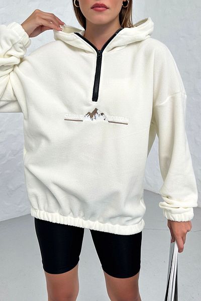 Know Women's 3 Thread Ecru Climbing Mountain Printed Oversize Half Zipper Hooded Fleece Sweatshirt