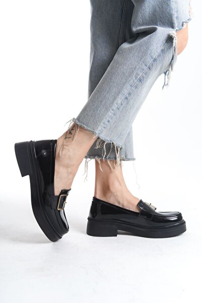 Diardi Kadın Siyah Rengi Rugan Günlük Loafer Kısa Topuklu Ayakkabı