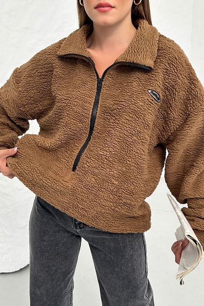 Know Women's Mink Fulfilling Life Printed Oversize Half Zipper Soft Textured Plush Sweatshirt