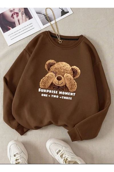 Know Γυναικείο φούτερ με 3 κλωστές καφέ Shy Bear με στάμπα με λαιμόκοψη