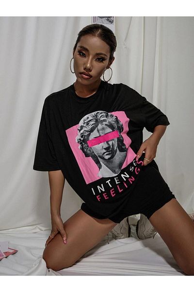 Know Tricou negru oversize cu imprimeu intens pentru femei