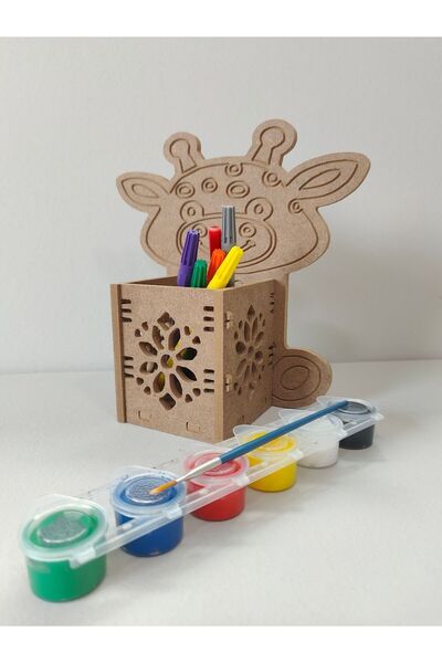 şimşek hobi tasarım Ahşap Zürafa Tasarımlı Kalemlik / Boyama Seti Ve Fırça