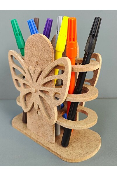 şimşek hobi tasarım Ahşap Kelebek Desenli Boyanabilir Dekoratif Kalemlik Ham Mdf