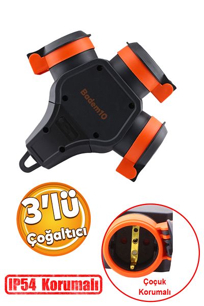 Badem10 3-Piece Ip54 Socket - Mobile Grounded and Plug Wireless Child-Proof Monophase Multiplier Hanging Plug
